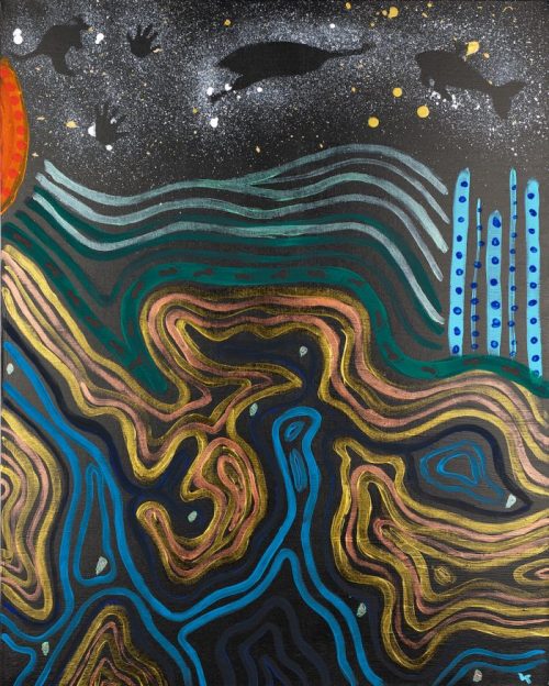 Vibrant abstract artwork representing Cape Baron Island, Tasmania. It features swirling patterns in blue, green, yellow, and brown, a black star-speckled sky with animal silhouettes, an orange circular shape, and vertical blue lines with dark dots.