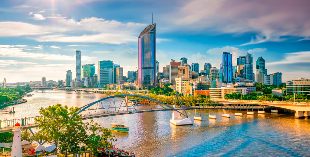Brisbane skyline with Goodwill Bridge, taken from Southbank.