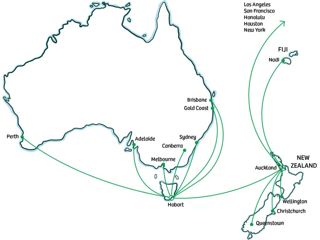 Map of Australia and New Zealand with route marks depicting destinations to travel from Hobart and Auckland.