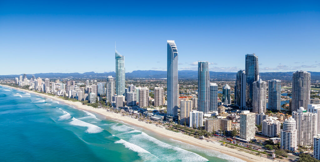 View of Gold Coast skyline and beach from ocean.