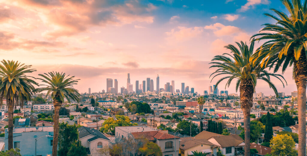 Los Angeles skyline with palm trees in foreground.