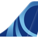 Airplane tail showing blue swirl of Link Airways branding.