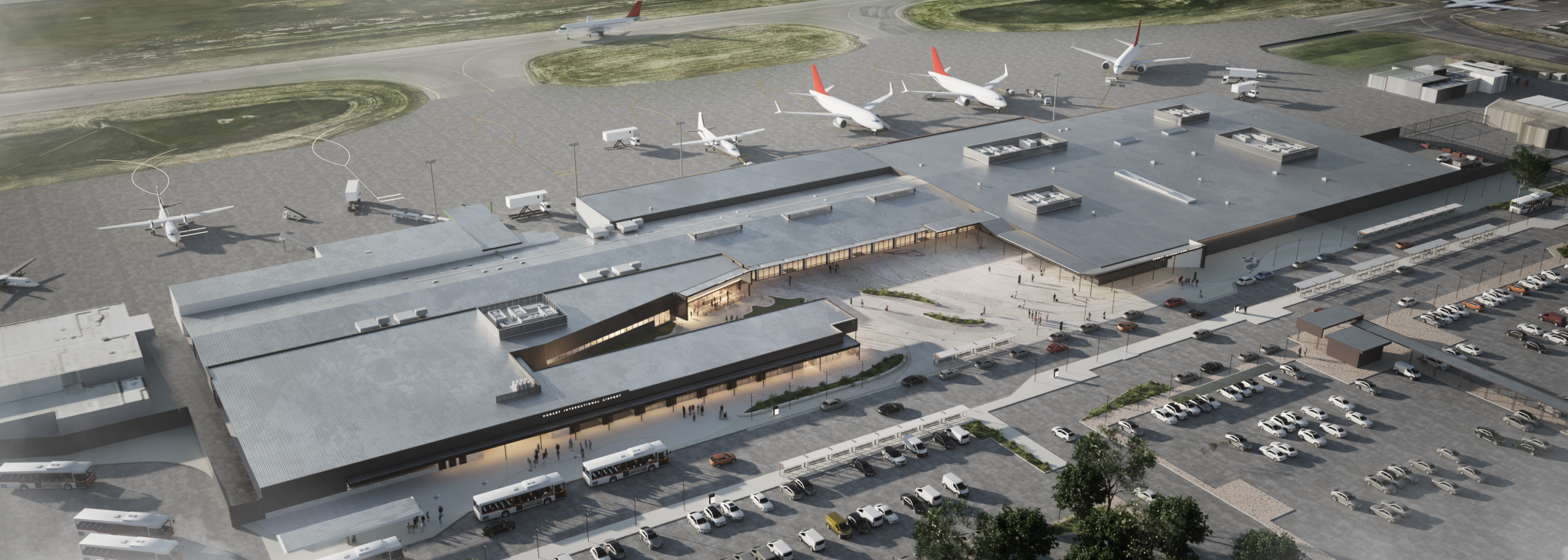 Architect representation of upgraded terminal showing the terminal building double size.