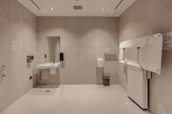 adult accessible bathroom with adult change table and sink