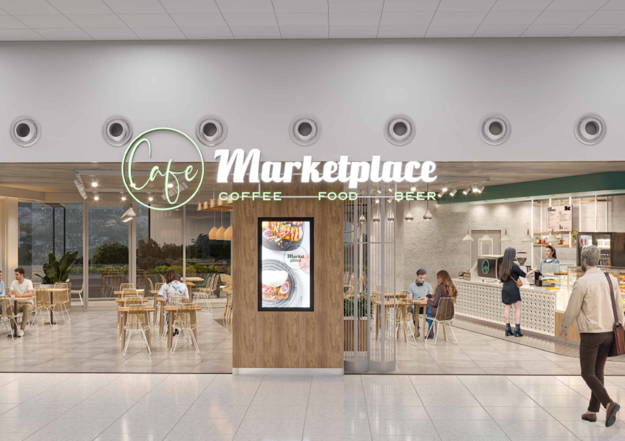 An render of Cafe Marketplace. A bright cafe setting with soft natural colours. Characters are featured in the cafe setting